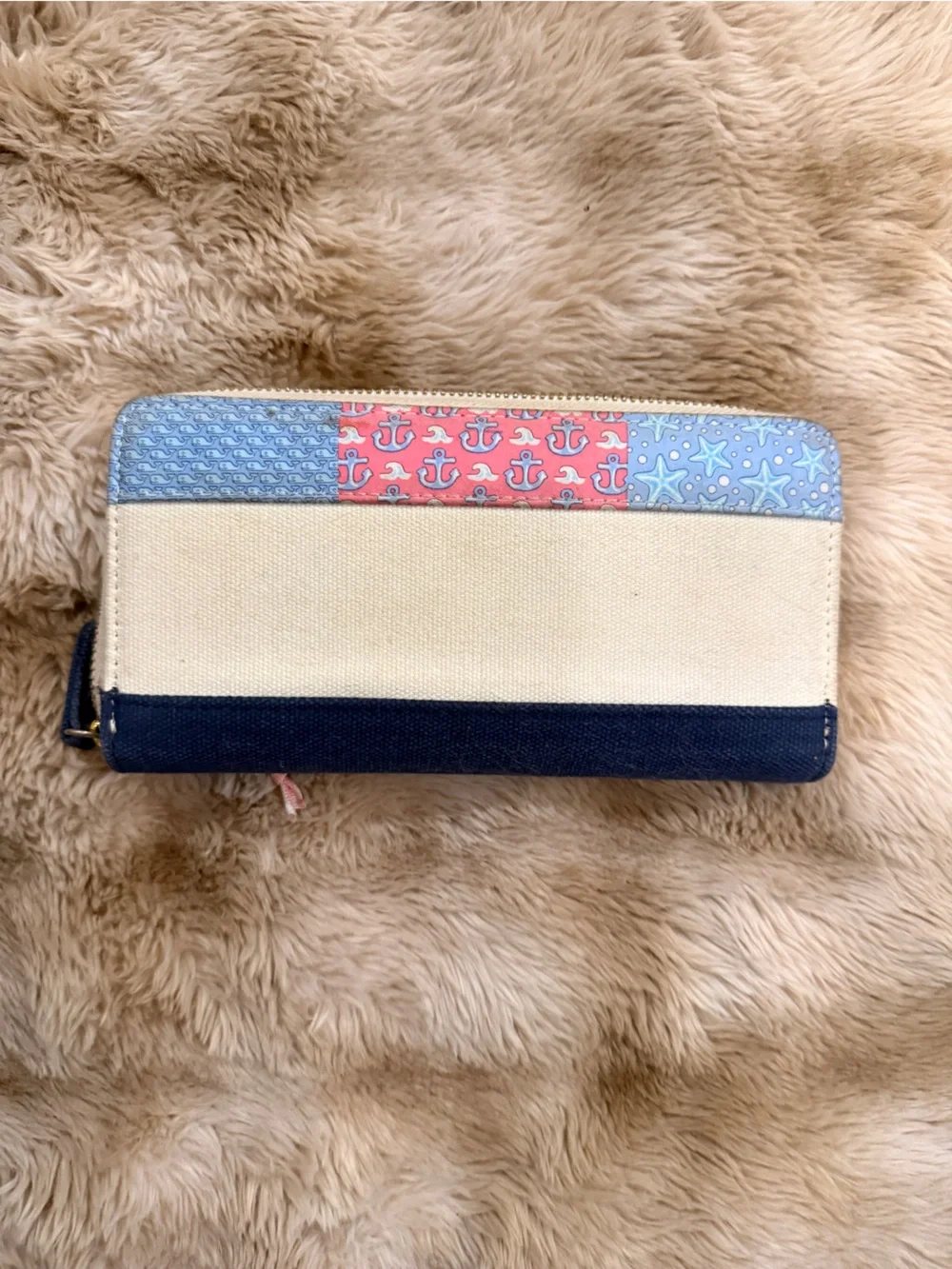 Vineyard Vines Canvas Patchwork Nautical Zip Wallet with Coral & Mint Accents